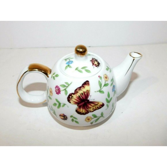TEAOPIA  Butterfly Bees Floral Teacup / Single Tea pot Set Porcelain Gold - Picture 8 of 10